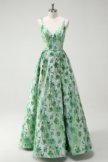 Scintillante verde floreale A-Line Spaghetti Straps lungo Abito da cerimonia